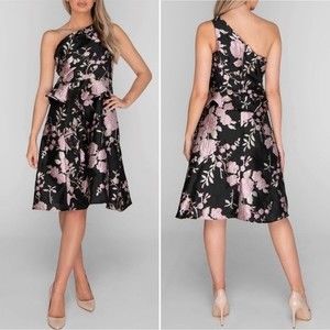 NWT Adrianna Papell One Shoulder Dress Black & Pink Floral Jacquard Women’s 8